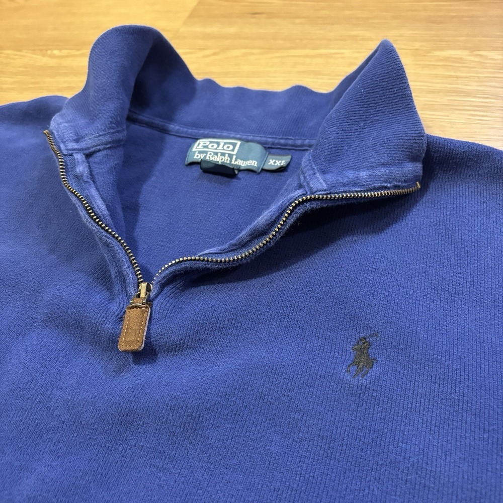 Polo Ralph Lauren 1/4 Zip Mens XXL Blue Pullover Sweater Black Pony Preppy 90's